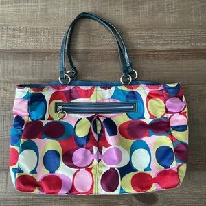 Coach F16170 Large Signature Scarf Print Satin Tote Bag Multi Color